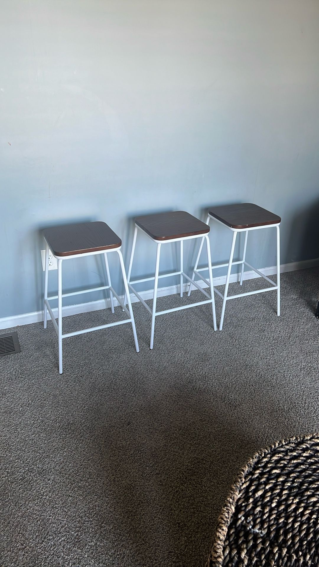 Set of 3 Modern Bar Stools – Wood & White Metal Frame