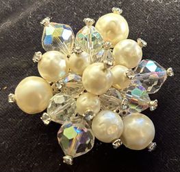 Vintage Faux Pearl And Aurora Borealis Rhinestone Brooch 