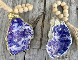 Handmade oyster shell ornaments – blue and white chinoise/host hostess gift