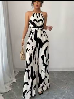 Black & White Abstract Print Halter Jumpsuit