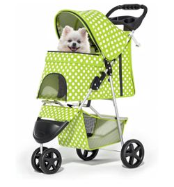 3 Wheels Pet Dog Cat Stroller for Small Medium Dogs Cats, Foldable Jogger Stroller w/Storage Basket and Cup Holder, Lawn Green Polka Dots