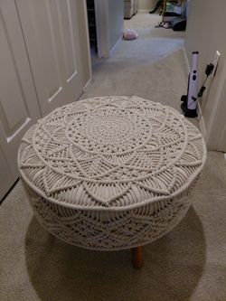 Round Boho Ottoman with Wooden Legs – $15