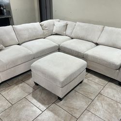 New 99x99 Corduroy Sectional Couch With Ottoman / Free Delivery 