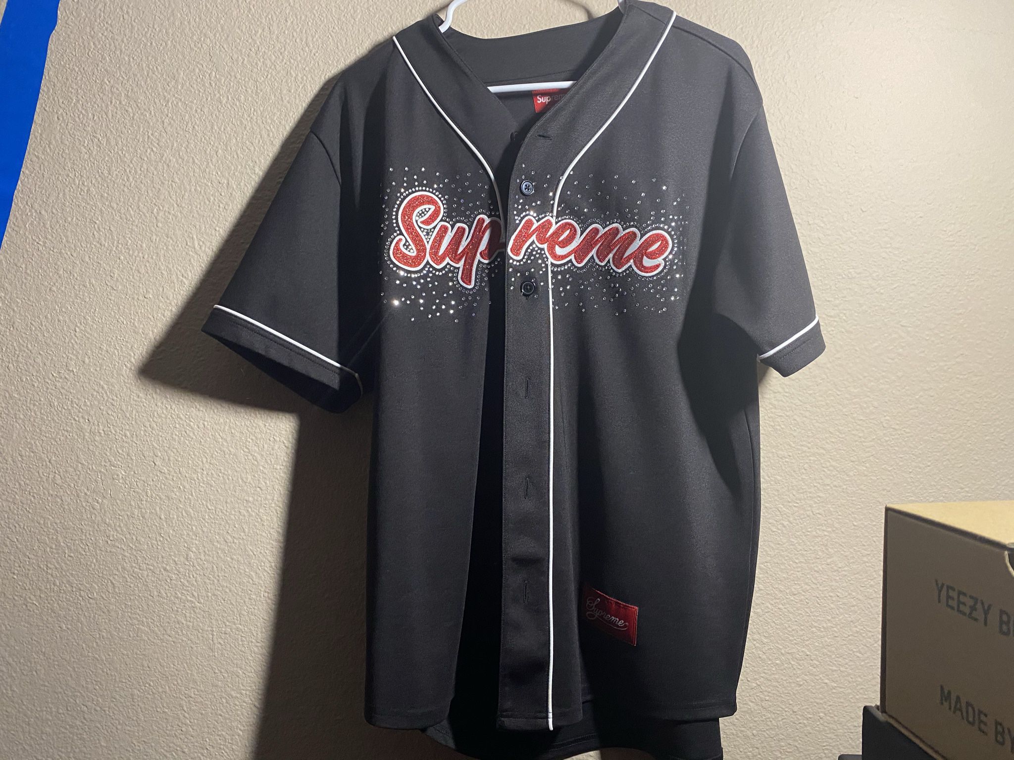 Supreme Rhinestone Baseball Jersey Black Size Medium