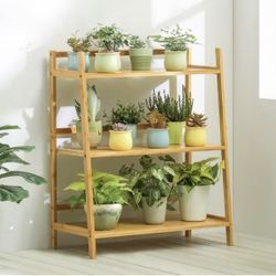MoNiBloom Ladder Shelf for Plant Flower Book, Bamboo 3-Tier Trapezoid Storage Shelf Organizer for Living Room Balcony Kitchen Bathroom Home Office, Na