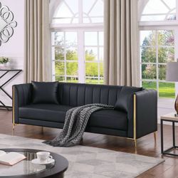 77.6" 3 Seater Sofa, Modern PU Leather Couch with Golden Legs & Armrests & 2 Pil
