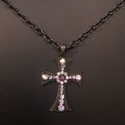 Unisex Swarovski Cross Pendant Necklace Brass Champagne Crystal Bold Statement Jewelry Christian Religious 13” Drop