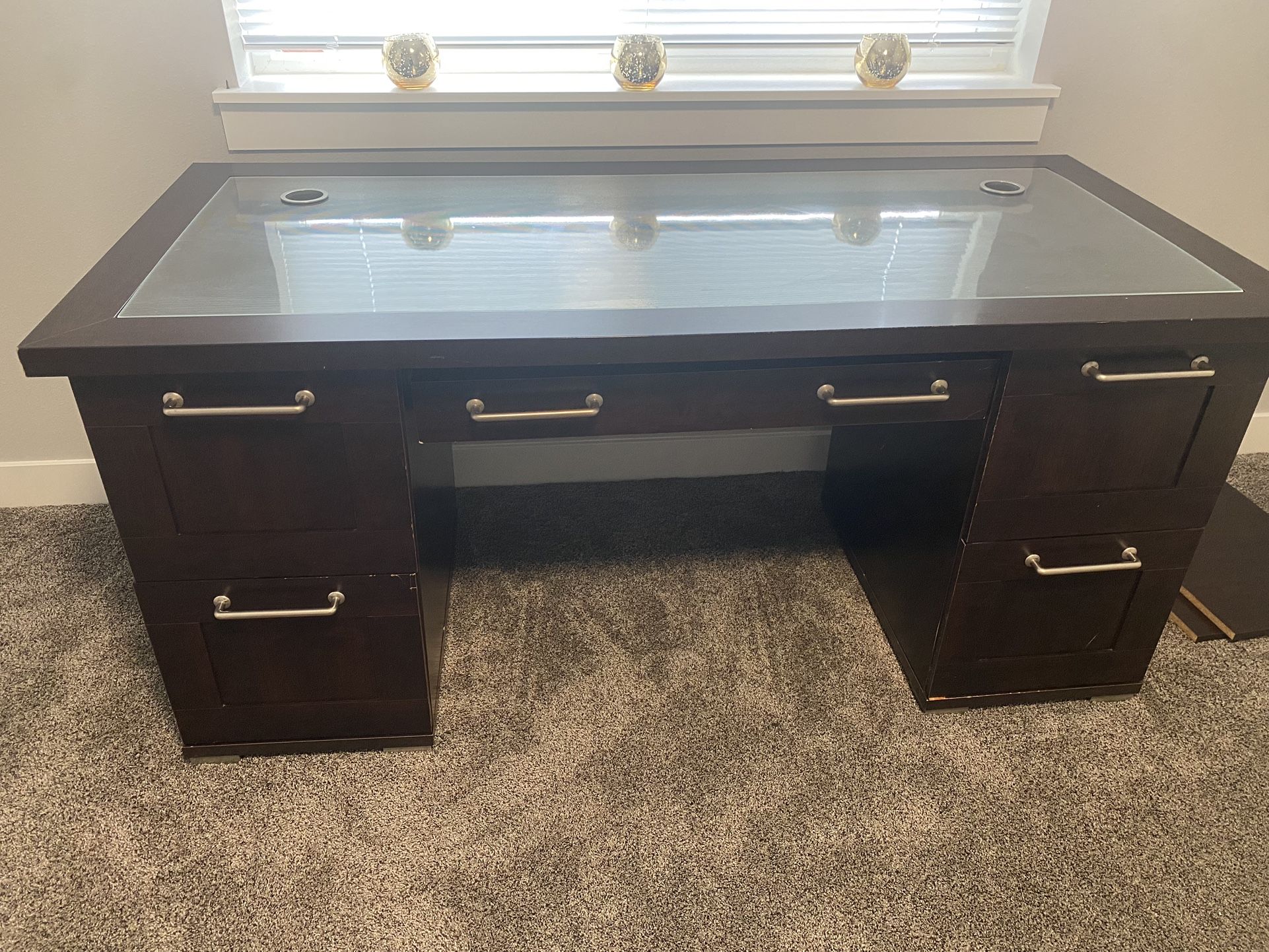 Modern Executive Glass-Top Computer Desk with Storage Drawers OBO