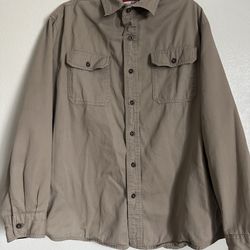 Wrangler Mens Long Sleeve Flannel Lined Solid Work Shirt Beige/Blue Sz Large