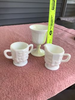 Vintage Westmoreland Milk Glass Creamer Sugar Bowl Grape Panel & Indiana Colony Milk Glass Goblet