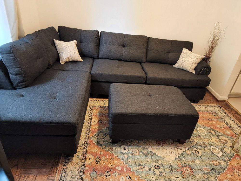 Brand New Charcoal Linen Sectional Sofa +Storage Ottoman (New In Box) 