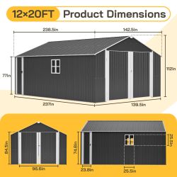 12x20 FT Heavy Duty Metal Garage Shed, Outdoor Storage Building with Double Doors & 2 Windows, Waterproof All-Weather Steel Carport for Car Truck Moto