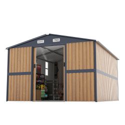 10X12 FT Outdoor Steel Storage Shed with Lockable Doors, 2 Windows, Garden Shed Ideal for Backyard, Patio Storage,Chicken Coop(Wood Panels & Frame Flo