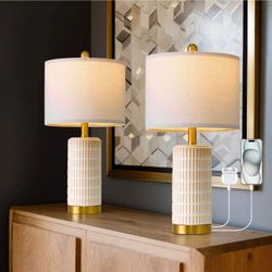 21" Table Lamps Ceramic USB Ports Gold Beige Bedside