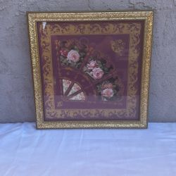 VTG 70’s Victorian Floral Gold Blush Pink Rose Fan. Gold Frame