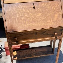 Danish Mid-Century Modern Secretary Desk – Solid Tiger Oak – Drop Front Bookshelf Style
