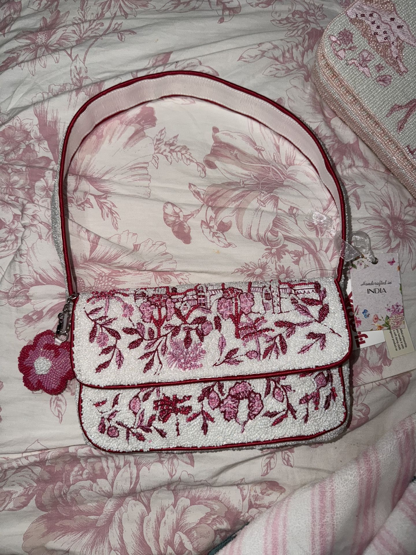 Pink And White Beaded Bag With Flower Charm