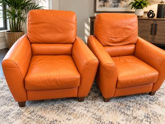 Orange Leather Armchair and Recliner Set with Ottoman