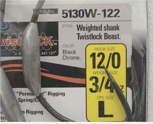 2 - OWNER 5130w-122 BEAST with TWISTLOCK Hooks Size 12/0 3/4 oz