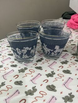 Vintage MCM Hazel Atlas 6oz Blue white cocktail glasses, set of 4 Arabian Knight