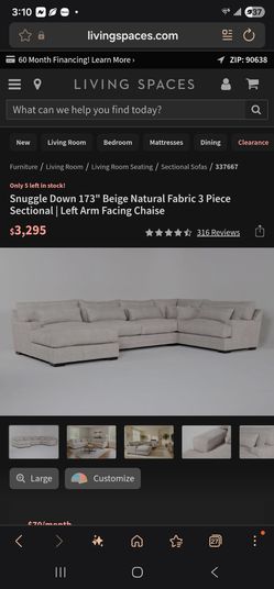 Snuggle Down 173" Beige Natural Fabric 3 Piece Sectional | Left Arm Facing Chaise