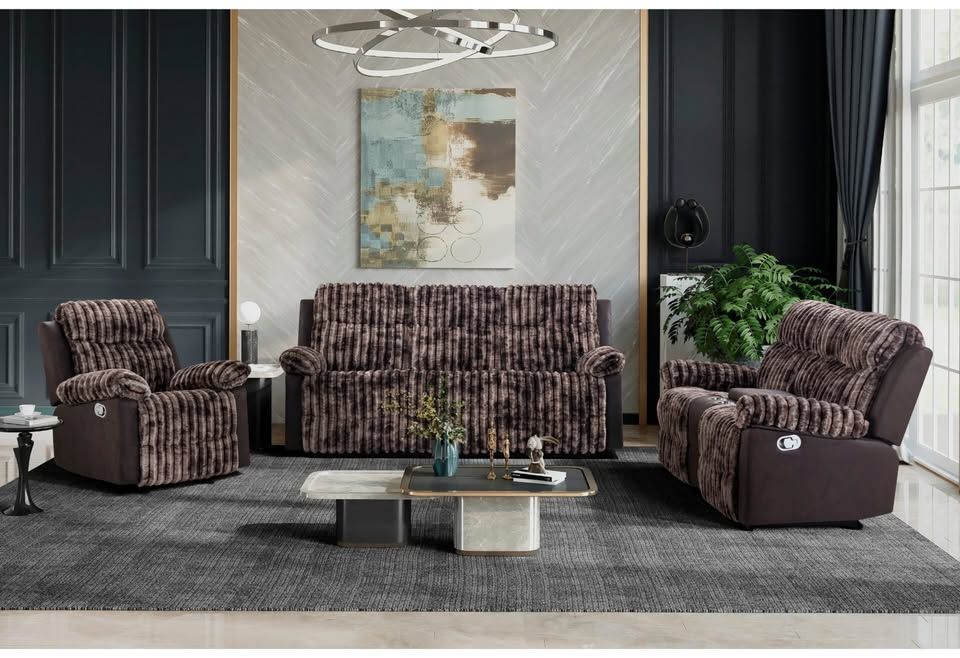 Comfortable & ultra-Plush 2 tone design brown recliner set w/buit-in console