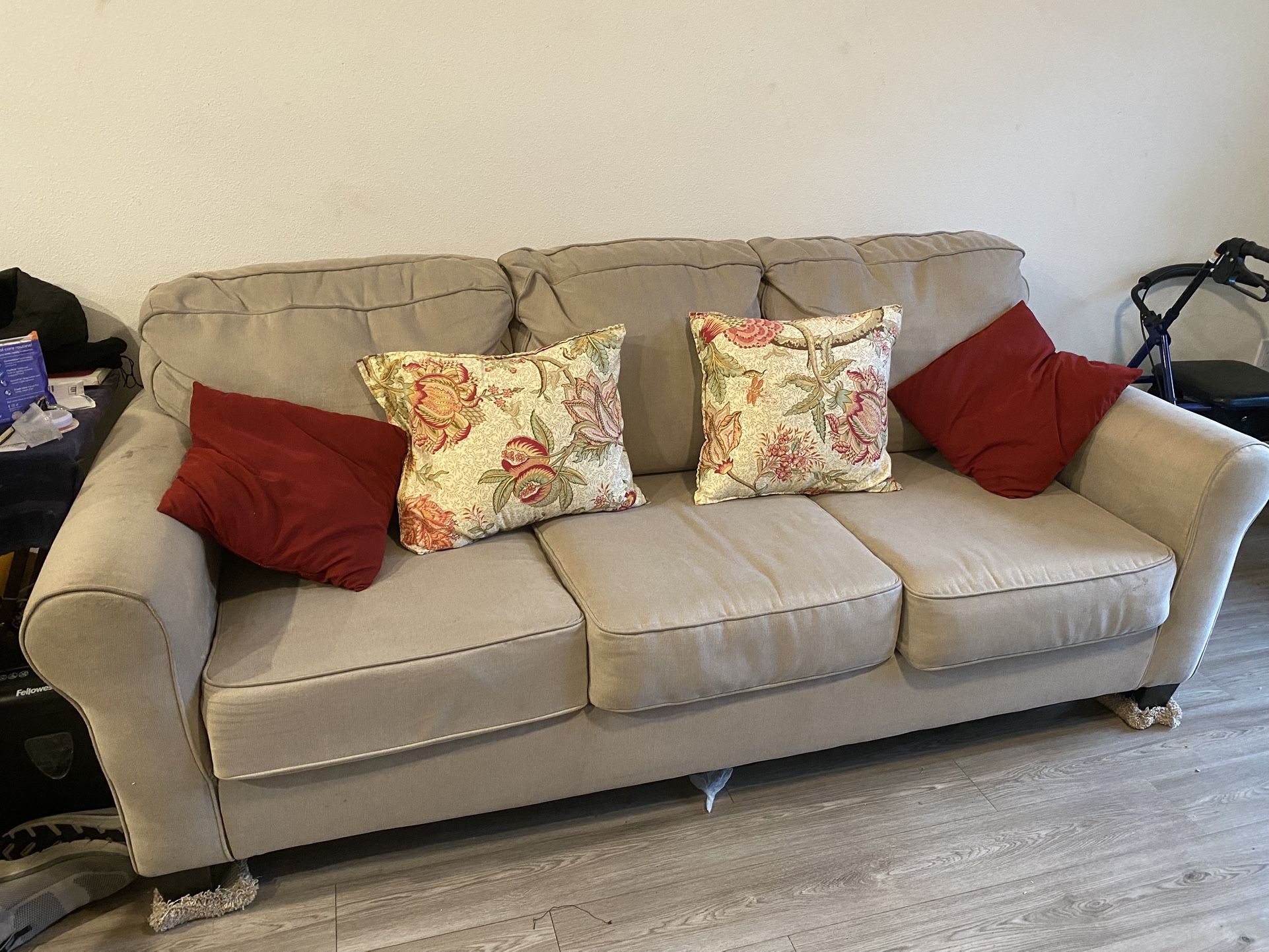 Beige 3 Seater Sofa With Decorative Pillows - Great Condition 