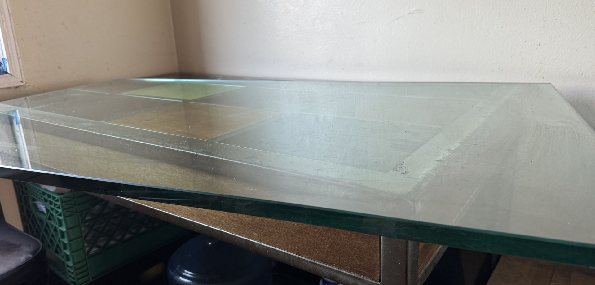 Steel table with wood inlay design and glass table top *Original price $900*