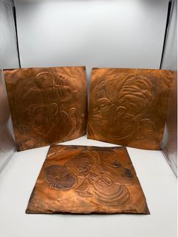 Set of 3 vintage hammered copper relief wall art pieces