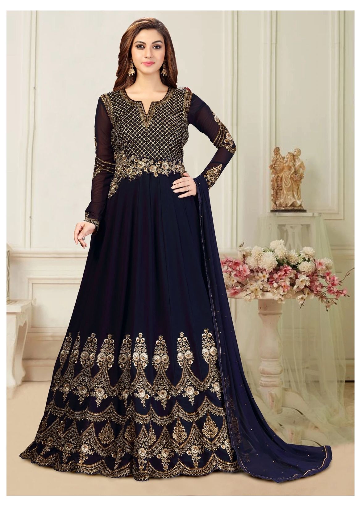 Treadmalls Blue Embroidered Anarkali Kurta Bottom & Dupatta Set, XXL *BRAND NEW*