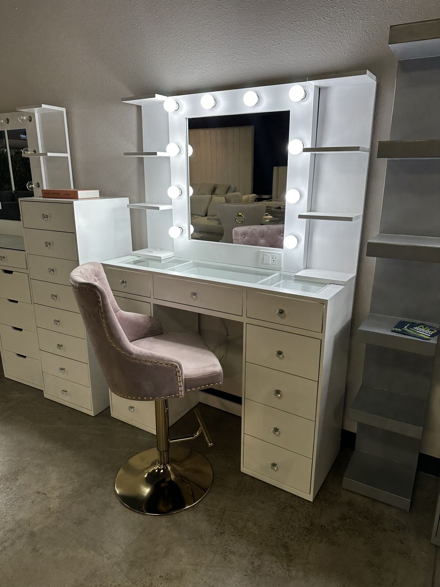 Vanity Table Set With LED Mirror + Tower Shelves For Beauty Room