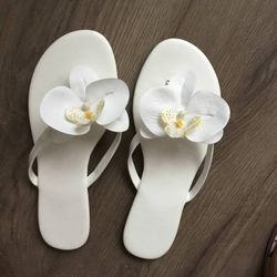 White Flip Flops With Orchid