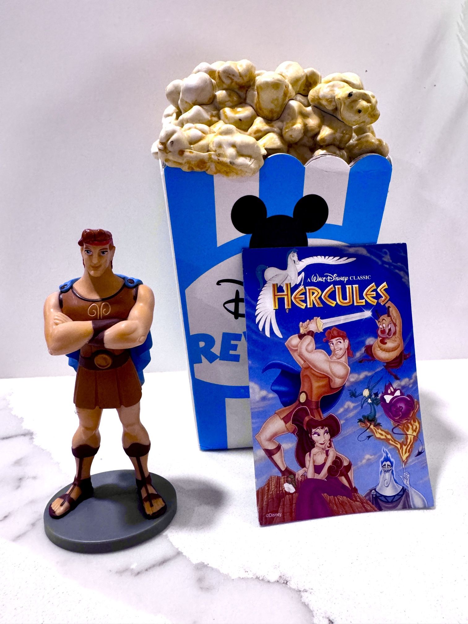 Disney Rewind Hercules Popcorn Bucket + Hercules Figure + Card Insert Set
