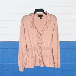 Cable & Gauge Blush Pink Peach Button Sweater w Ruffled Neck & Front Women L