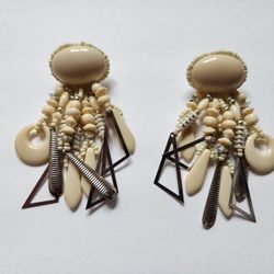 Vintage Beige And Silver Chandelier Earrings 