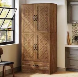 JW0955 70" Tall Kitchen Pantry, Farmhouse Pantry Storage Cabinet with Doors, Shelves and Drawer, Large Rustic Wood Food Pantry Cupboard for Kitchen, D