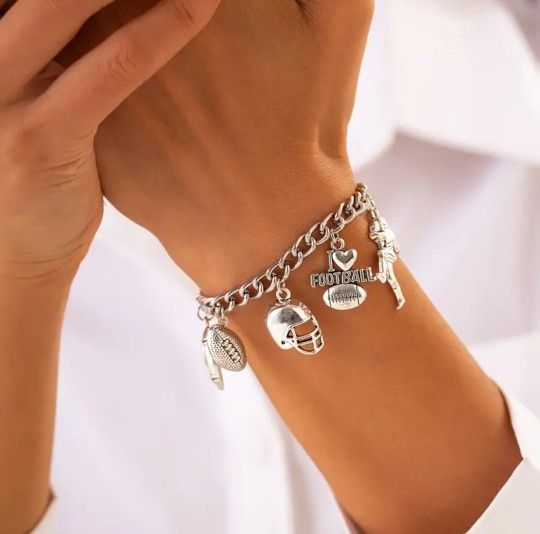 Cute Football Silver Tone Charm Bracelet 