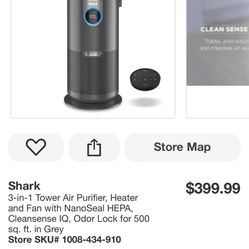 Shark 3-in-1 Tower Air Purifier, Heater and Fan with NanoSeal HEPA, Cleansense IQ, Odor Lock for 500 sq. ft. in Grey
