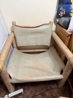 Rustic Wood and Leather Sling Lounge Chair