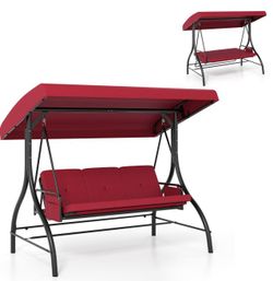 3 Person Patio Swing with Canopy, Removable Cushions, and Side Pockets