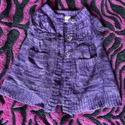 Purple knitted baby no sleeve cardigen with clear heart buttons fits 4-6 year olds