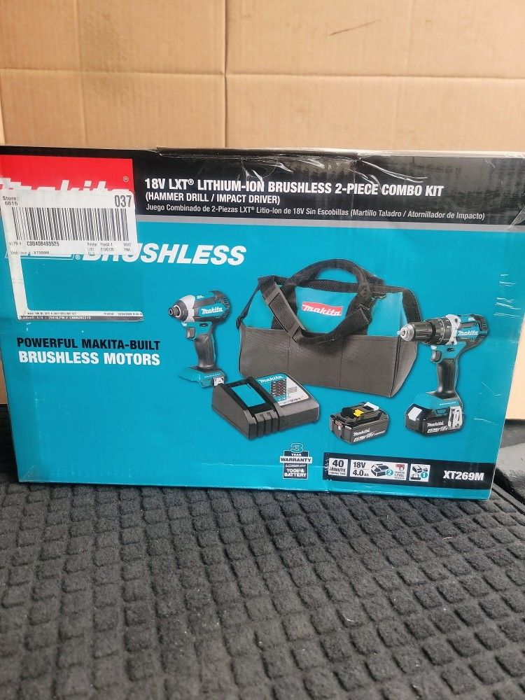 MAKITA 18V LXT LITHIUM-ION BRUSHLESS CORDLESS HAMMER DRILL AND IMPACT DRIVER COMBO KIT (2-TOOL) W/ (2) 4 AH BATTERY AND CHARGER INCLUDED AND SOFT BAG
