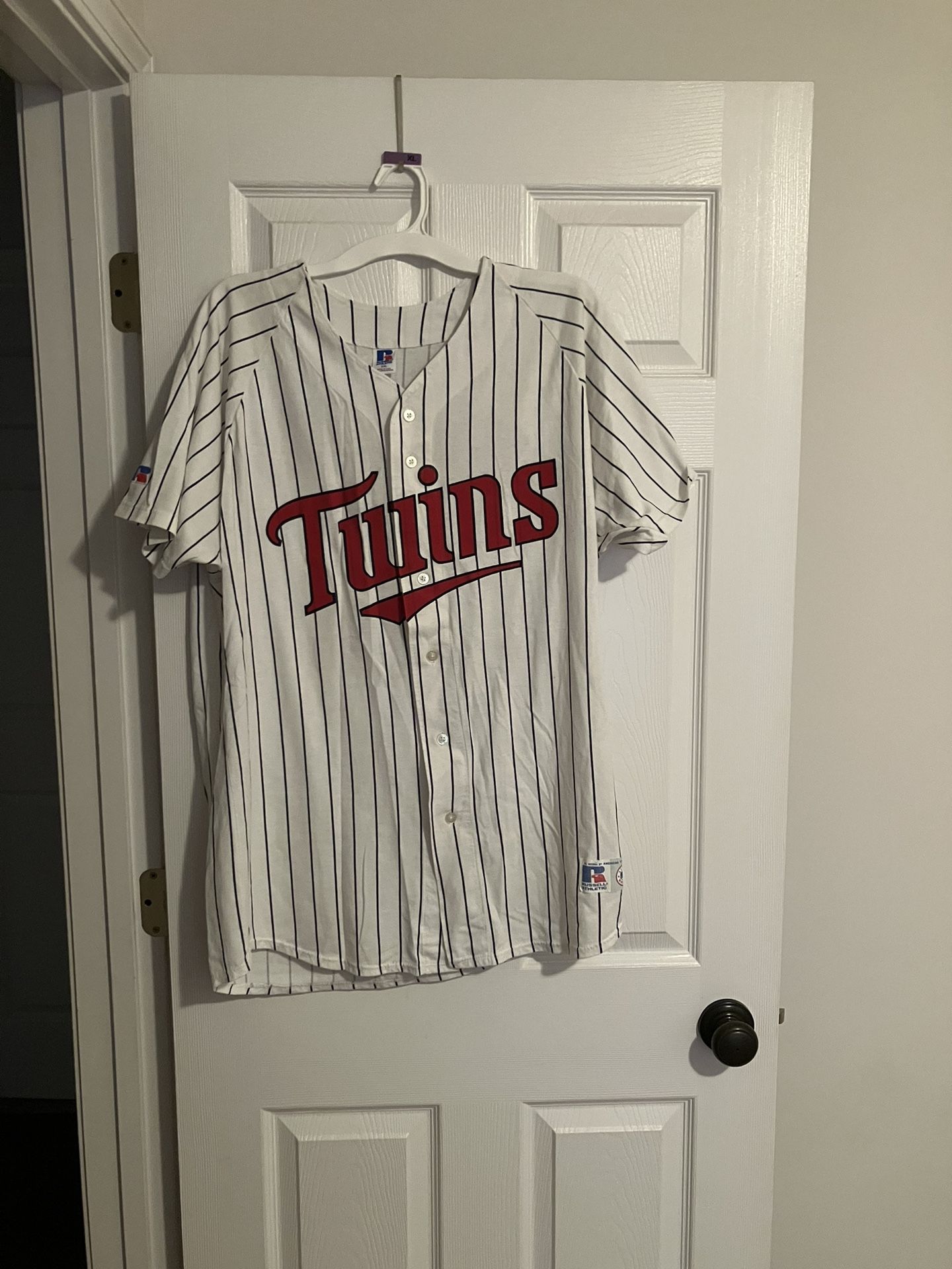 Vtg 90s Minnesota Twins Russell Athletic Pinstripe Jersey Chuck Knoblauch XXL