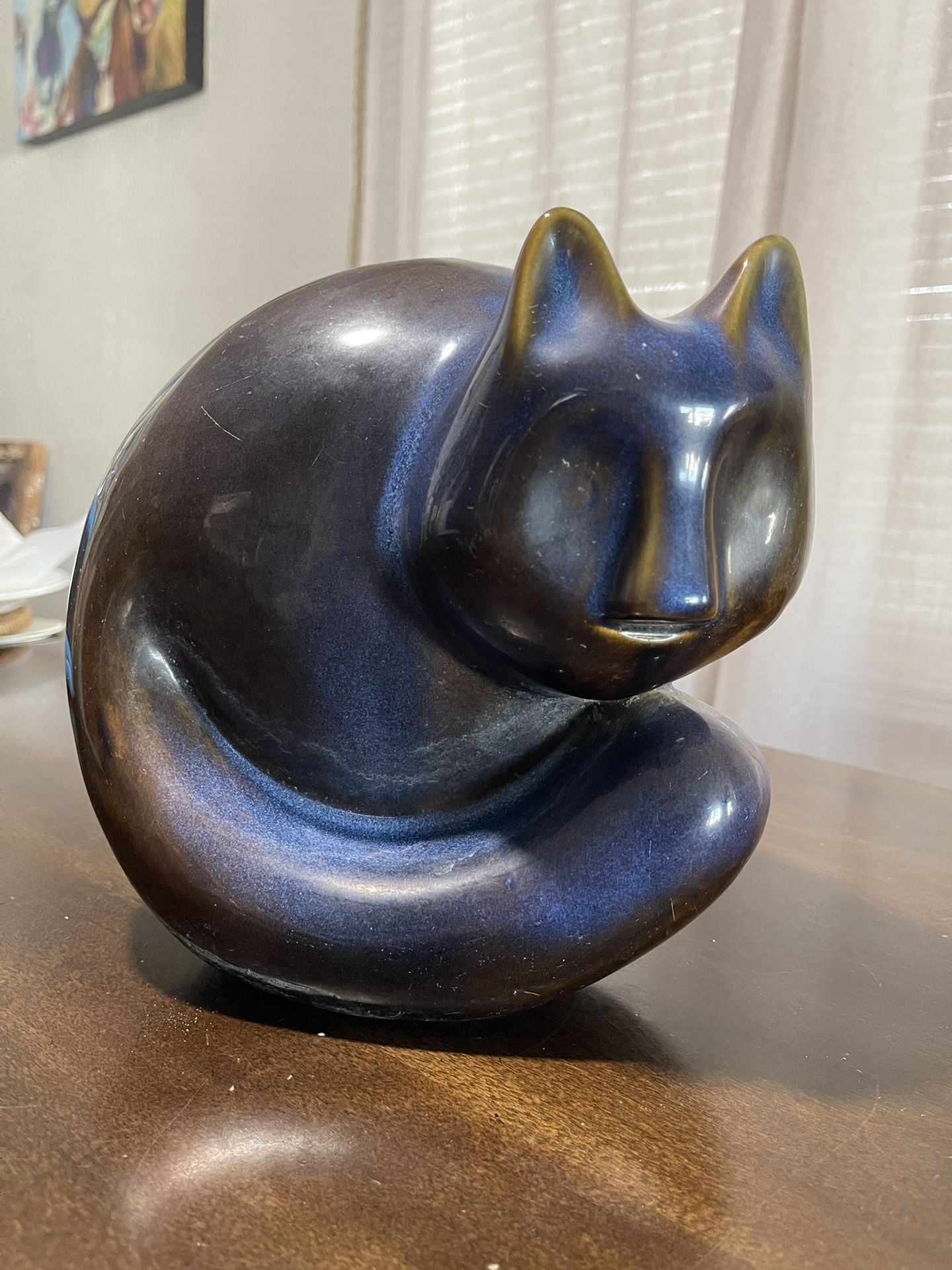 Vintage Ceramic Cat Statue Blue Drip Glaze Sculpture 8"