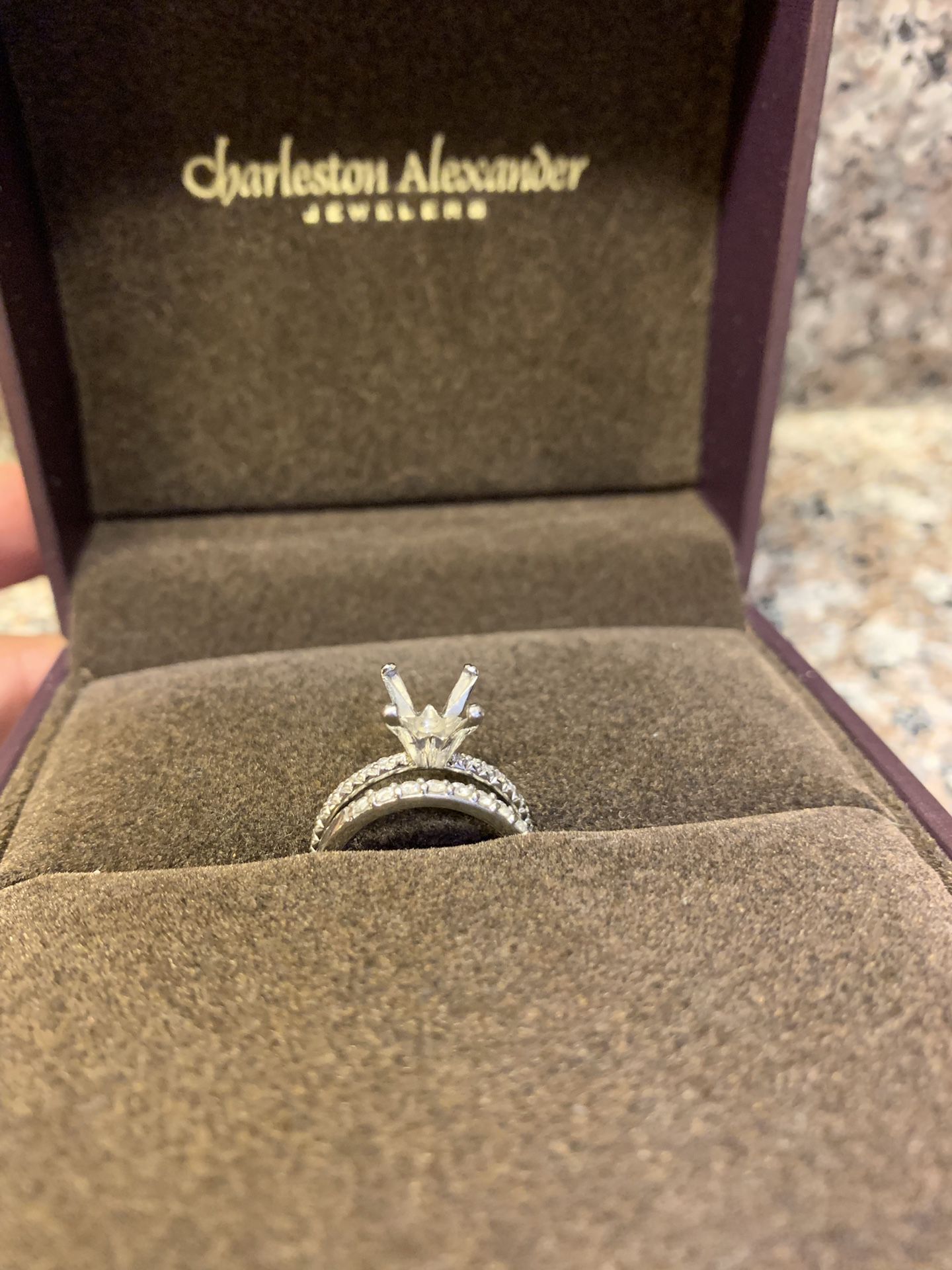 Beautiful Michael B platinum setting with 30 brilliant diamonds engagement ring and wedding band