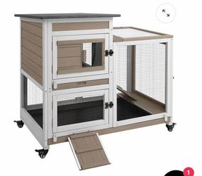 40″L Wooden 2 Story Rabbit Hutch on 4 Metal Wheels with Run Guinea Pig Pet House for Small to Medium Animals,White/Grey