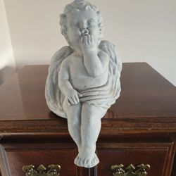 Vintage Cement Outdoor Garden Statue  Cherub Blowing Kisses Sitting on a Ledge