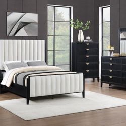 Modern Chic 4-piece Upholstered Queen Bedroom Set Black Dresser Mirror Nightstand