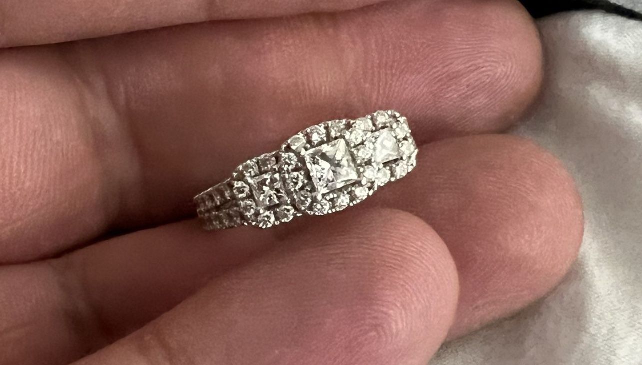 Leo Diamond Ring White Gold Halo Princess Style 