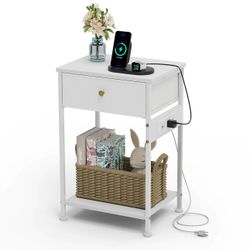 White Nightstand with Charging Station, Bedside Table for Bedroom Dorm Nursery Living Room, Night Stand End Table with Removable Fabric Drawer, Open S